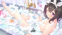 Rule 34 | 1girl, absurdres, bathing, black hair, blue archive, breasts, completely nude, hair ornament, highres, mashiro (blue archive), nomio, nude, purple eyes, rubber duck, small breasts, solo, wet