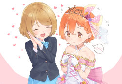 Rule 34 | 2girls, blue neckwear, blue sky, bow, bowtie, brown hair, buttons, closed eyes, collared shirt, commentary request, dress, earrings, eichisu, fingers together, flying sweatdrops, frilled dress, frills, gloves, heart, hoshizora rin, jewelry, koizumi hanayo, long sleeves, love live!, multiple girls, necklace, off-shoulder dress, off shoulder, open mouth, orange hair, otonokizaka school uniform, own hands together, pink ribbon, pleated skirt, polka dot, ribbon, school uniform, shirt, short hair, skirt, sky, smile, spoken blush, swept bangs, tiara, white gloves, white shirt, wrist cuffs, yellow eyes