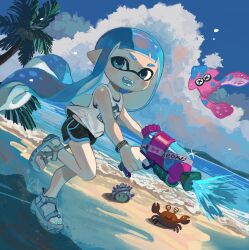 Rule 34 | 1girl, bare shoulders, beach, black shorts, blue eyes, blue footwear, blue hair, blue sky, blunt bangs, bracelet, cloud, commentary request, crab, day, dolphin shorts, dutch angle, fangs, from side, full body, highres, holding, holding water gun, inkling girl, inkling player character, jewelry, long hair, looking at viewer, mituhati, nintendo, ocean, open mouth, outdoors, palm tree, pointy ears, sandals, scenery, shorts, sky, smile, solo, splatoon (series), squid, standing, standing on one leg, summer, tank top, tentacle hair, tree, water gun, white tank top