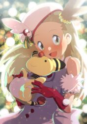 Rule 34 | 1girl, ampharos, blush, brown eyes, character doll, commentary request, creatures (company), doll, dress, game freak, gen 2 pokemon, gloves, holding, holding doll, jasmine (holiday 2022) (pokemon), jasmine (pokemon), light brown hair, looking at viewer, nintendo, official alternate costume, oooise, open mouth, pokemon, pokemon masters ex, red gloves, signature, sleeveless, sleeveless dress, smile, solo, upper body, white dress