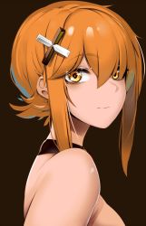 Rule 34 | 1girl, bare shoulders, brown background, chisa (doko tetora), closed mouth, doko tetora, from side, glint, hair between eyes, hair ornament, hairclip, looking at viewer, looking to the side, orange hair, original, portrait, sidelocks, smile, solo, x hair ornament, yellow eyes