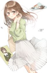 Rule 34 | 1girl, bag, blush, breasts, brown eyes, brown hair, chibirisu, closed mouth, collarbone, dutch angle, earrings, green shirt, hair between eyes, hand up, highres, jewelry, long hair, long skirt, long sleeves, looking at viewer, medium breasts, original, photo (object), pleated skirt, see-through, shirt, shopping bag, simple background, skirt, smile, solo, watch, white background, white skirt, wristwatch