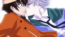 Rule 34 | 2boys, akise aru, amano yukiteru, artist request, black hair, blue eyes, eye contact, grabbing another&#039;s chin, hand on another&#039;s chin, hat, jacket, kiss, lips, looking at another, male focus, mirai nikki, multiple boys, necktie, pink eyes, short hair, silver hair, surprised, yaoi