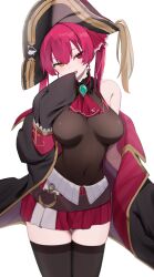 Rule 34 | 1girl, absurdres, arrow through heart, ascot, black choker, black coat, black hat, black thighhighs, breasts, choker, coat, frilled choker, frills, hair ribbon, hat, heterochromia, highres, hololive, houshou marine, houshou marine (1st costume), large breasts, leotard, leotard under clothes, long hair, miniskirt, pirate hat, pleated skirt, red ascot, red coat, red eyes, red hair, red ribbon, red skirt, ribbon, skirt, sleeves past fingers, sleeves past wrists, smile, solo, terano naa, thighhighs, twintails, two-sided coat, two-sided fabric, virtual youtuber, yellow eyes