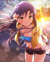 Rule 34 | 10s, 1girl, artist request, beach, bikini, bikini top only, blue hair, blush, brown eyes, cropped jacket, flower, hair flower, hair ornament, idolmaster, idolmaster (classic), idolmaster million live!, jewelry, kisaragi chihaya, lens flare, long hair, looking at viewer, musical note, navel, necklace, ocean, official art, shorts, smile, solo, sunset, swimsuit, water