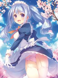 Rule 34 | 1girl, :d, apron, blue hair, blue sky, bow, bow panties, cherry blossoms, clothes lift, cowboy shot, day, dengeki moeou, dress, dress lift, dutch angle, garter straps, gloves, highres, long hair, maid headdress, open mouth, panties, pantyshot, petals, purple eyes, scan, sky, smile, solo, standing, takei ooki, thighhighs, twintails, underwear, white gloves, white panties, white thighhighs