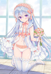 Rule 34 | 1girl, babydoll, blue hair, blush, bouquet, commentary, english commentary, flower, frilled panties, frills, hair between eyes, highres, holding, holding bouquet, lolita fashion, long hair, navel, original, panties, parted lips, pink flower, pink rose, purple eyes, rose, see-through, shoes, solo, thighhighs, underwear, very long hair, white footwear, white panties, white thighhighs, window, wrist cuffs, yuuki rika
