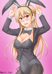 1girl, animal ears, anti (untea9), black jacket, black legwear, black leotard, black neckwear, black ribbon, blonde hair, bow, bowtie, breasts, bunny ears, bunny pose, bunny tail, cleavage, commentary request, covered navel, cowboy shot, detached collar, fake animal ears, gradient, gradient background, hair flaps, hair ornament, hair ribbon, hairclip, highres, jacket, kantai collection, leotard, long hair, looking at viewer, medium breasts, pantyhose, pink background, playboy bunny, red eyes, remodel (kantai collection), ribbon, solo, strapless, strapless leotard, tail, wrist cuffs, yuudachi (kancolle)