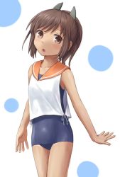 Rule 34 | 10s, 1girl, :o, bad id, bad pixiv id, bare shoulders, brown eyes, brown hair, i-401 (kancolle), kantai collection, looking at viewer, one-piece swimsuit, open mouth, ponytail, sailor collar, school swimsuit, school uniform, short ponytail, smile, solo, swimsuit, swimsuit under clothes, yuyuzuki (yume usagi)