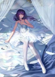 Rule 34 | 1girl, absurdres, alice gear aegis, ballerina, ballet slippers, bed, commentary request, diamond (gemstone), feathers, highres, lying, nail polish, nikotama mai, on back, open mouth, pantyhose, purple eyes, purple hair, purple nails, sigma-z, solo, tiara, tutu
