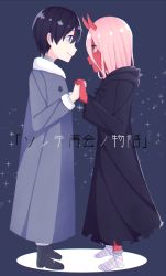 Rule 34 | 10s, 1boy, 1girl, black hair, coat, colored sclera, colored skin, couple, darling in the franxx, fur trim, grey coat, holding hands, hiro (darling in the franxx), horns, long hair, looking at another, nakodayo09, oni horns, parka, pink hair, red sclera, red skin, short hair, spoilers, tears, winter clothes, winter coat, zero two (darling in the franxx)