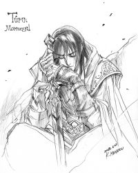 Rule 34 | 1boy, closed mouth, dated, closed eyes, graphite (medium), greyscale, hands on hilt, holding, holding sword, holding weapon, kazuki-mendou, tolkien&#039;s legendarium, male focus, monochrome, one-hour drawing challenge, signature, sitting, solo, sword, the silmarillion, traditional media, turin, weapon