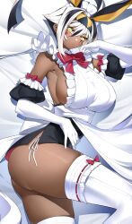 Rule 34 | 1girl, absurdres, animal ears, apron, ass, black hair, breasts, casul, dark-skinned female, dark skin, dress, elbow gloves, fate/grand order, fate (series), frilled dress, frills, gloves, highres, jackal ears, large breasts, looking at viewer, maid, maid apron, maid headdress, multicolored hair, nitocris (fate), nitocris alter (fate), short hair, sideboob, solo, thighhighs, thighs, white hair, yellow eyes