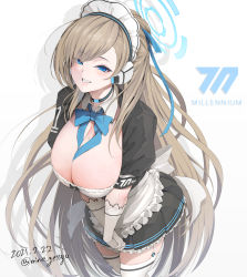 Rule 34 | 1girl, apron, asuna (blue archive), black dress, blue archive, blue neckwear, blush, bow, bowtie, breasts, choker, cleavage, dress, elbow gloves, garter straps, gloves, grin, halo, headphones, highres, large breasts, light brown hair, long hair, long sleeves, maid headdress, mine (wizard), mole, mole on breast, neck ribbon, own hands together, ribbon, short sleeves, smile, solo, thighhighs, thighs, white apron, white gloves, white thighhighs
