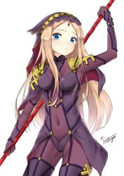 Rule 34 | abigail williams (fate), arm up, armor, blonde hair, blue eyes, blush, bodysuit, breasts, closed mouth, commentary request, cosplay, covered navel, fate/grand order, fate (series), gae bolg (fate), hakuya kung, holding, holding polearm, holding spear, holding weapon, long hair, looking at viewer, medium breasts, parted bangs, polearm, purple bodysuit, scathach (fate), scathach (fate) (cosplay), shoulder armor, signature, simple background, solo, spear, tears, very long hair, weapon, white background