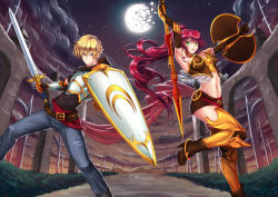 Rule 34 | 1boy, 1girl, adsouto, blonde hair, holding, holding sword, holding weapon, jaune arc, long hair, looking at viewer, moon, outdoors, polearm, pyrrha nikos, red hair, rwby, shield, spear, sword, weapon