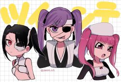 Rule 34 | 3girls, :o, :p, black hair, black kimono, black ribbon, bleach, bleach: sennen kessen-hen, blunt bangs, breasts, cleavage, closed mouth, commentary, cropped torso, dokugamine riruka, eyelashes, eyepatch, frown, hair over one eye, hair ribbon, hairstyle connection, haori, hat, highres, japanese clothes, kimono, loly aivirrne, long hair, long sleeves, looking at viewer, medium breasts, multiple girls, one eye covered, open mouth, purple eyes, red eyes, ribbon, saitou furoufushi, shirt, simple background, sleeveless, sleeveless shirt, small breasts, smile, straight hair, swept bangs, tongue, tongue out, tsurime, twintails, twitter username, upper body, v-shaped eyebrows, white background, white hat, white shirt, yanono 015