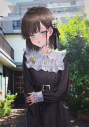 Rule 34 | 1girl, absurdres, bad id, bad twitter id, belt, black belt, black dress, blush, brown hair, dress, earrings, finger tattoo, gishiki (gshk), green eyes, hair ornament, highres, jewelry, long sleeves, looking at viewer, medium hair, outdoors, parted lips, photo background, pin, skull hair ornament, smile, smiley face, solo, tattoo, teeth, translated, upper teeth only
