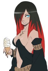 Rule 34 | 1girl, belt, black hair, blue eyes, breasts, cleavage, crow (gravity daze), detached sleeves, female focus, fingernails, food, food on face, gravity daze, hair over one eye, ice cream, long fingernails, long hair, multicolored hair, nail polish, red hair, simple background, solo, two-tone hair, white background