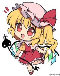 Rule 34 | 1girl, blonde hair, blush, chibi, collared shirt, crystal, flandre scarlet, frilled shirt collar, frilled skirt, frilled sleeves, frills, full body, hat, highres, holding, laevatein (touhou), long hair, mob cap, one side up, open mouth, ramudia (lamyun), red eyes, red footwear, red skirt, red vest, shirt, shoes, short sleeves, simple background, skirt, smile, socks, solo, touhou, twitter username, vest, white background, white hat, white socks, wings