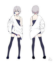 Rule 34 | 1girl, black dress, black footwear, black thighhighs, blue eyes, character name, character sheet, choker, closed mouth, collarbone, dress, full body, grey hair, hand on own hip, long sleeves, looking at viewer, mee (sohin), multiple views, off shoulder, original, oversized clothes, oversized shirt, shirt, shoes, short hair, sleeveless, sleeveless dress, sohin, spaghetti strap, teardrop facial mark, thighhighs, turnaround, white shirt