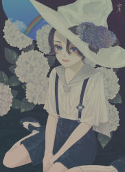 Rule 34 | 1boy, absurdres, androgynous, between legs, bishounen, black footwear, black hair, black shorts, blue eyes, blue flower, blue sky, closed mouth, cloud, collared shirt, commentary, double exposure, eyelashes, flower, hair between eyes, hand between legs, hat, hat flower, high-waist shorts, highres, hydrangea, leaf, looking at viewer, male focus, neckerchief, original, rainbow, ripples, sailor collar, seal impression, shirt, shoes, short hair, short sleeves, shorts, signature, sitting, sky, socks, suspenders, two-tone footwear, ushiyama ame, v arms, wariza, water, white flower, white footwear, white hat, white neckerchief, white sailor collar, white shirt, white socks