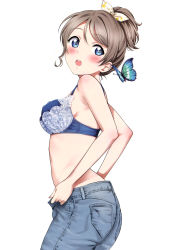 Rule 34 | 1girl, absurdres, blue bra, blue eyes, blush, bra, breasts, brown hair, bug, butterfly, denim, from side, hair ribbon, hair tie, highres, insect, jeans, lace, lace-trimmed bra, lace trim, love live!, love live! sunshine!!, medium breasts, pants, ribbon, sankuro (agoitei), scan, short hair, simple background, solo, unbuttoning, underwear, watanabe you, white background