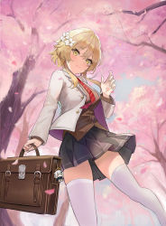 Rule 34 | 2girls, absurdres, alternate costume, bag, bag charm, blazer, blonde hair, blue sky, breasts, character charm, charm (object), cherry blossoms, day, flower, genshin impact, hair flower, hair ornament, highres, holding, holding bag, jacket, charm (object), long sleeves, looking at viewer, lumine (genshin impact), multiple girls, necktie, open mouth, outdoors, paimon (genshin impact), petals, pleated skirt, red necktie, school uniform, shaobao (sdhx3728), sidelocks, skirt, sky, smile, solo, thighhighs, white thighhighs, yellow eyes, zettai ryouiki