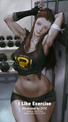 Rule 34 | 1girl, 21yc (september breeze), adjusting hair, armpits, arms behind head, brigitte (overwatch), brown eyes, brown hair, clothes writing, dumbbell, fingerless gloves, gloves, highres, locker, looking at viewer, navel, overwatch, overwatch 1, shirt, short shorts, shorts, sleeveless, solo, stomach, tied shirt, toned, torn clothes, torn sleeves