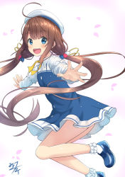 Rule 34 | 10s, 1girl, :d, ahoge, bad id, bad pixiv id, beret, blue dress, blue eyes, blue footwear, blush, bobby socks, brown hair, commentary request, dress, hat, hinatsuru ai, long hair, looking at viewer, looking to the side, low twintails, mikoillust, open mouth, outstretched arms, petals, ryuuou no oshigoto!, school uniform, shoes, signature, smile, socks, solo, spread arms, teeth, twintails, upper teeth only, very long hair, white background, white hat, white socks