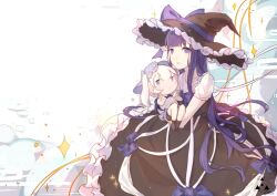 Rule 34 | 2girls, asona, black dress, black hat, blue eyes, bow, carrying, carrying person, chibi, chinese commentary, commentary request, dress, frilled dress, frills, hat, hat bow, long hair, looking at viewer, multiple girls, original, puffy sleeves, purple eyes, purple hair, short sleeves, smile, sparkle, twintails, very long hair, white background, white hair, witch hat