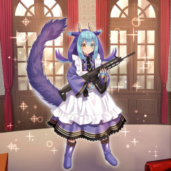 Rule 34 | 1girl, apron, blue hair, boots, closed mouth, dragon girl, dragon horns, dragon tail, dragonmaid (yu-gi-oh!), dress, duel monster, full body, fuyuki (neigedhiver), green eyes, gun, heterochromia, highres, holding, holding gun, holding weapon, horns, howa type 20, indoors, laundry dragonmaid, long sleeves, maid, multicolored hair, orange eyes, purple hair, smile, solo, tail, v-shaped eyebrows, weapon, wide sleeves, yu-gi-oh!