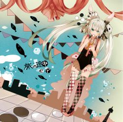 Rule 34 | 1girl, animal ears, bad id, bad pixiv id, banners, checkered clothes, checkered legwear, checkers, collared shirt, dice, fish, green eyes, green hair, hatsune miku, highres, itamidome, leotard, long hair, matching hair/eyes, mouth hold, patterned legwear, pigeon-toed, rabbit ears, shirt, solo, thighhighs, twintails, unmoving pattern, very long hair, vocaloid