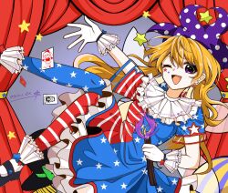 1girl :d adapted_costume american_flag american_flag_dress american_flag_legwear american_flag_print black_footwear blonde_hair blue_dress blue_pantyhose card clownpiece commentary_request dress earrings facial_mark fairy fairy_wings flag_print gloves hat highres holding holding_torch jester_cap jewelry long_hair neck_ruff one_eye_closed open_mouth pantyhose polka_dot polka_dot_headwear purple_eyes purple_hair red_dress red_pantyhose short_sleeves smile socks solo star_(symbol) star_earrings star_print striped_clothes striped_dress striped_pantyhose torch touhou very_long_hair white_gloves white_socks wings yueyun839533441