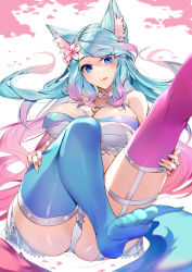 Rule 34 | 1girl, animal ear fluff, animal ears, asymmetrical legwear, blue eyes, blue hair, blue thighhighs, breasts, choker, commentary request, commission, crop top, feet, flower, fox ears, fox girl, fox tail, gradient hair, hair flower, hair ornament, highres, kasumi komo, large breasts, legs up, long hair, lying, mismatched legwear, multicolored hair, nail polish, no shoes, on back, panties, pink flower, pink hair, purple thighhighs, silvervale, silvervale (4th costume), skeb commission, solo, swept bangs, tail, thighhighs, tongue, tongue out, underwear, very long hair, virtual youtuber, vshojo, white choker, white panties