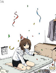 Rule 34 | 1girl, barefoot, between legs, birthday, birthday cake, blazer, box, brown hair, cake, cake slice, calendar (object), candle, cardboard box, chopsticks, clothes hanger, collared shirt, confetti, dated, diagonal stripes, empty eyes, english text, engrish text, fire, food, fruit, grey jacket, hamsterfragment, hand between legs, hand up, hat, holding, holding chopsticks, icing, indoors, jacket, jaggy lines, leaning forward, long sleeves, looking to the side, mattress, medium hair, neck ribbon, no nose, no pupils, oekaki, open mouth, original, party hat, pleated skirt, ranguage, red hat, ribbon, school uniform, shirt, sideways glance, sitting, skirt, solo, strawberry, striped clothes, striped headwear, suicidal girl (hamsterfragment), undone neck ribbon, undone neckwear, unworn jacket, white hat, white shirt, wing collar