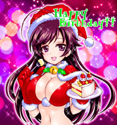 Rule 34 | 1girl, ahoge, bell, bikini, black eyes, black hair, blurry, bokeh, breasts, cake, capelet, christmas, cleavage, commentary, depth of field, english text, food, fork, fur-trimmed capelet, fur trim, girls und panzer, gloves, happy birthday, hat, holding, holding fork, holding plate, isuzu hana, jingle bell, kuromori yako, large breasts, long hair, looking at viewer, navel, open mouth, pink background, plate, red bikini, red capelet, red gloves, red hat, santa bikini, santa costume, santa gloves, santa hat, smile, solo, sparkle, swimsuit, upper body
