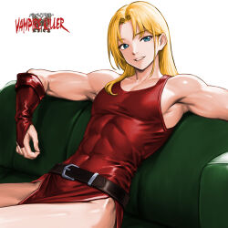 Rule 34 | 1boy, bare shoulders, belt, belt buckle, black belt, blonde hair, blue eyes, bridal gauntlets, buckle, castlevania: bloodlines, castlevania (series), copyright name, couch, covered abs, eric lecarde, grin, hair intakes, highres, long hair, minamoto80486, on couch, pectoral cleavage, pectorals, ringed eyes, simple background, sitting, smile, solo, white background