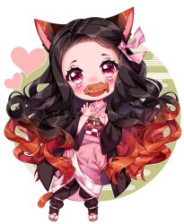 Rule 34 | 1girl, animal ears, black hair, black pants, black robe, black sleeves, blush, brown footwear, brown hair, cat ears, checkered sash, chibi, circle cutout, claw pose, commentary, commission, english commentary, eyelashes, fang, flower in eye, food, food in mouth, gradient hair, haori, heart, holding, holding food, japanese clothes, kamado nezuko, kemonomimi mode, kimetsu no yaiba, kimono, long hair, long sleeves, looking at viewer, mouth hold, multicolored hair, nyahallo, obi, open clothes, open robe, pants, pink eyes, pink kimono, puffy pants, red sash, robe, sandals, sash, skin fang, socks, solo, symbol in eye, tabi, takoyaki, transparent background, two-tone sash, very long hair, wavy hair, white sash, white socks, wide sleeves