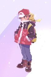 Rule 34 | 1boy, adapted costume, backpack, bag, baseball cap, boots, breath, brown eyes, brown footwear, brown hair, coat, cold, commentary request, creatures (company), game freak, gen 1 pokemon, hands in pockets, hat, highres, kashiwa (kasshiwa10), legs together, male focus, nintendo, pants, pants tucked in, pikachu, pokemon, pokemon (creature), pokemon frlg, pokemon on back, red (pokemon), red headwear, short hair, snowing, standing, yellow bag