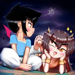 Rule 34 | 1boy, 1girl, armlet, arms between legs, barefoot, black hair, blush stickers, brown eyes, brown hair, closed mouth, demon tail, demon wings, earrings, elbow rest, fang, feet, frostyneko, hand on own cheek, hand on own face, highres, hoop earrings, indian style, jewelry, lying, on stomach, open mouth, original, pants, short sleeves, sidelocks, sitting, soles, sparkle, tail, the pose, toes, white pants, wings, wristband