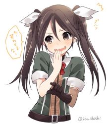 Rule 34 | 10s, 1girl, belt, brown eyes, brown gloves, brown hair, commentary request, elbow gloves, female focus, gloves, hair ribbon, hand to own mouth, ica, kantai collection, laughing, long hair, looking at viewer, pointing, ribbon, smile, solo, tears, tone (kancolle), translated, twintails, twitter username