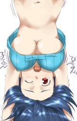 Rule 34 | 00s, 1girl, blue hair, blush, breasts, covered erect nipples, female focus, hanging breasts, idolmaster, idolmaster (classic), idolmaster 1, large breasts, miura azusa, navel, one eye closed, open mouth, red eyes, short hair, simple background, sleeveless, sleeveless turtleneck, solo, tears, trembling, ttomm, turtleneck, underboob, upshirt, upside-down, white background, wince, wink