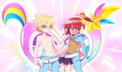 Rule 34 | 10s, 1boy, 1girl, absurdres, alpha omega nova, belt, blonde hair, blue eyes, bodysuit, clenched hand, contrapposto, green eyes, hair ornament, holding hands, heart, helmet, hetero, highres, holster, looking at viewer, luluco, mg nemuio, red hair, school uniform, skirt, spoilers, standing, star (symbol), star hair ornament, topless, torn clothes, uchuu patrol luluco, vest