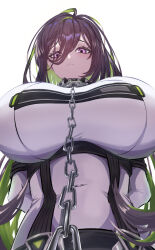 Rule 34 | 1girl, arms behind back, bodysuit, bound, bound arms, breasts, brown hair, chain, chain leash, colored inner hair, cuffs, goddess of victory: nikke, green hair, guilty (nikke), huge breasts, kazam fm, leash, long hair, looking at viewer, multicolored hair, prison clothes, purple eyes, restrained, shackles, solo, straitjacket, two-tone hair, very long hair, white bodysuit