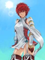 Rule 34 | 1girl, armor, blue sky, boots, breasts, dress, fire emblem, fire emblem fates, garter straps, gloves, gradient background, highres, hinoka (fire emblem), lens flare, looking down, medium breasts, nintendo, orange eyes, panties, pantyshot, pocari66, red hair, scar, short hair, sky, solo, standing, sun, thigh boots, thighhighs, thighs, underwear, wind, wind lift