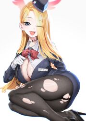 Rule 34 | 1girl, absurdres, black footwear, black hat, black pantyhose, black skirt, blonde hair, blue archive, blue eyes, bow, bowtie, breasts, buttons, cleavage, collared shirt, fang, gloves, halo, hat, high heels, highres, kazane-wind, large breasts, long hair, looking at viewer, multicolored hair, official alternate costume, one eye closed, pantyhose, pina (blue archive), pina (guide) (blue archive), red bow, red bowtie, red hair, red halo, shirt, simple background, skin fang, skirt, smile, solo, streaked hair, torn clothes, torn pantyhose, tour guide, white background, white gloves, white shirt