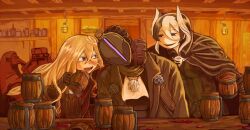 Rule 34 | 2boys, 3girls, arm around neck, ascot, bad id, bad twitter id, bar (place), beer mug, black coat, black hair, blonde hair, blush, bondrewd, bottle, cape, coat, covered face, crossed bangs, cup, drunk, gloves, hair between eyes, head tilt, highres, holding mug, inactive account, indoors, lantern, long hair, lyza (made in abyss), made in abyss, mask, mug, multicolored hair, multiple boys, multiple girls, ozen, plague doctor mask, shelf, smile, srajo, two-tone hair, wakuna, whistle, white hair, yoseomochi