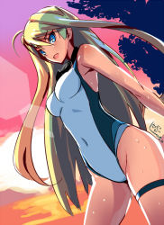 Rule 34 | 1girl, ahoge, bad id, bad pixiv id, beach, blonde hair, blue eyes, blush, breasts, competition swimsuit, covered navel, goggles, goggles around neck, hanna-justina marseille, long hair, maccyon, ocean, one-piece swimsuit, open mouth, outdoors, solo, strike witches, sunset, swimsuit, taut clothes, taut swimsuit, tree, very long hair, water, wet, witches of africa, world witches series