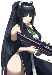 Rule 34 | 1girl, absurdres, animal ear fluff, animal ears, bare shoulders, black dress, black hair, blue archive, blush, breasts, cleavage, collarbone, covered collarbone, dress, fur trim, green eyes, gun, high ponytail, highres, holding, holding gun, holding weapon, large breasts, long hair, looking at viewer, open mouth, parted lips, ponytail, shun (blue archive), smile, solo, t-lex, upper body, weapon, white background